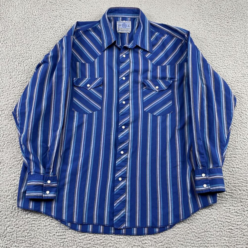 VTG‎ American Hero Western Shirt Mens XXL Blue Striped Pearl Snap Button